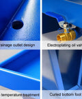 Heavy-Duty Drum Spill Pallet with drain, steel deck, electroplating oil valve, high-temp treated steel, warehouse use.