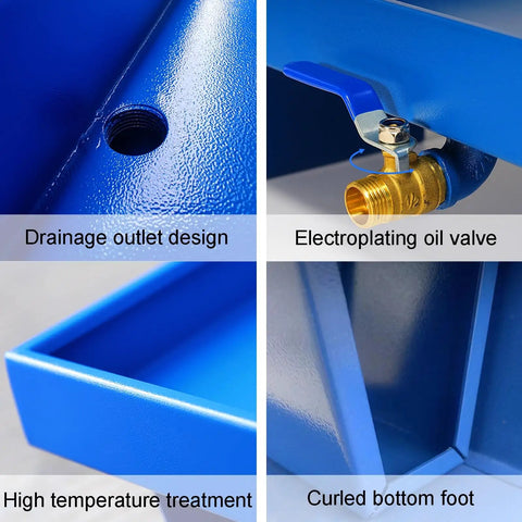 Heavy-Duty Drum Spill Pallet with drain, steel deck, electroplating oil valve, high-temp treated steel, warehouse use.