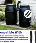 Rain Barrel Hose Connector And Downspout Diverter Kit linking two black barrels for water storage next to a house.