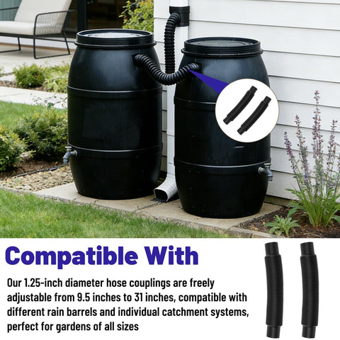 Rain Barrel Hose Connector And Downspout Diverter Kit linking two black barrels for water storage next to a house.