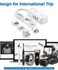 All In One Travel Power Strip With 2 Prong To 3 Prong Converter, Four Outlets And Three USB Ports, US UK EU World Travel Adapter shown with devices