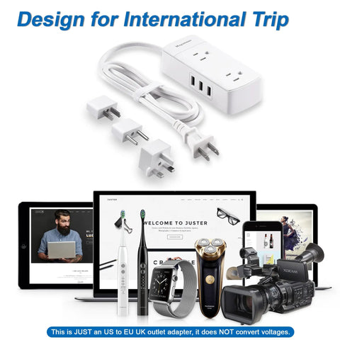 All In One Travel Power Strip With 2 Prong To 3 Prong Converter, Four Outlets And Three USB Ports, US UK EU World Travel Adapter shown with devices
