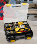 Double Sided 34 Compartment Hardware Organizer Box With Removable Dividers Transparent Durable Plastic Case For Nuts Bolts Screws Nails And Small Hardware Yellow open on a table showing compartments filled with various hardware