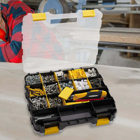 Double Sided 34 Compartment Hardware Organizer Box With Removable Dividers Transparent Durable Plastic Case For Nuts Bolts Screws Nails And Small Hardware Yellow open on a table showing compartments filled with various hardware