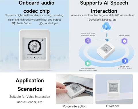 1.54inch E Paper AIoT Development Board With 200x200 Display Black And White Dual Wi Fi And Bluetooth AI Speech Interaction DIY Creative Function Ultra Low Power For Portable Projects, showing onboard audio codec chip and AI speech interaction features.