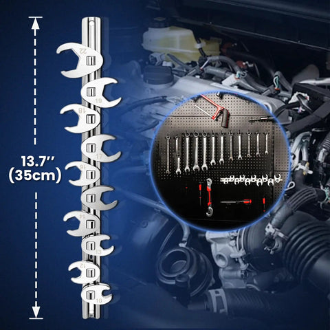 Three Eighths Inch Drive Metric Crowfoot Wrench Set 10 Piece 10 To 22 mm CRV Steel Flare Nut Design For Auto And Plumbing In Tight Spaces With Clip On Organizer Durable Chrome Vanadium Mirror Polished Finish Corrosion Resistant High Torque, 13.7in set