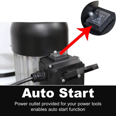 Close-up of Auto Start Dust Collector Featuring 1.2 HP Motor And 750 CFM Airflow power outlet with auto start switch.