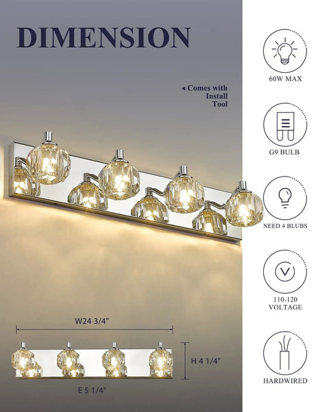 4 Light Bathroom Vanity Light With K9 Crystal Lampshades And Silver Chrome Finish, size 24 3/4"W x 4 1/4"H dimensions