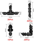 Detailed view of 110-piece Drip Irrigation Fittings Kit with couplings, tees, elbows, and end plugs for 1/4-inch tubing