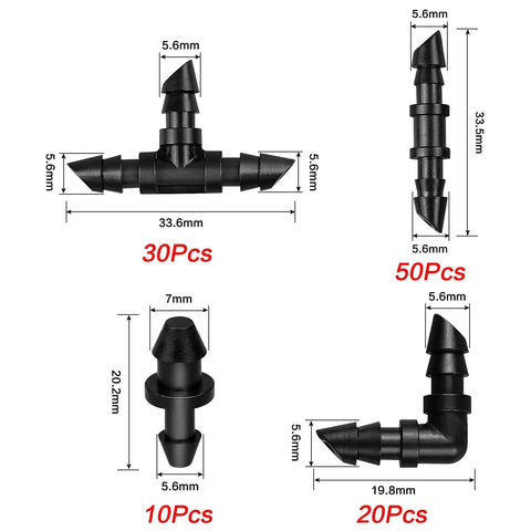 Detailed view of 110-piece Drip Irrigation Fittings Kit with couplings, tees, elbows, and end plugs for 1/4-inch tubing