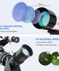 Awesome High Powered 70mm Refractor Telescope With 400mm Focal Length For Beginners And Adults showing fully coated optics and diagonal mirror.