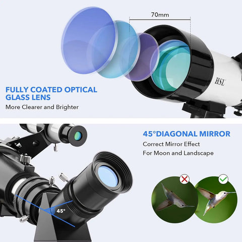 Awesome High Powered 70mm Refractor Telescope With 400mm Focal Length For Beginners And Adults showing fully coated optics and diagonal mirror.