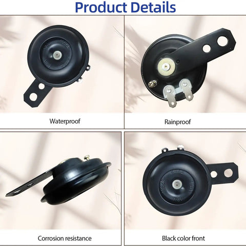 Waterproof 12V Universal Air Horn for Motorcycles and Cars, 105 dB Loud Electric Horn details showing rainproof and corrosion resistance features