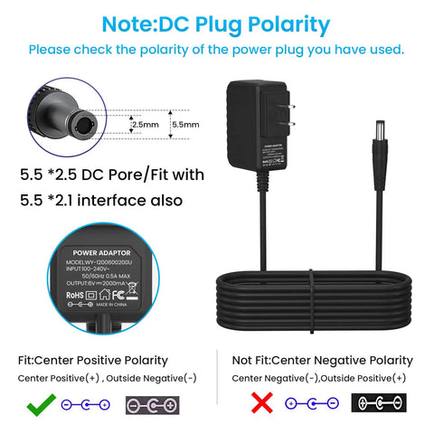 6V 2A Power Supply Adapter For ProForm Elliptical Smart Strider 480 490 500 600 LE 390 395 475 510 E 510EX with polarity details