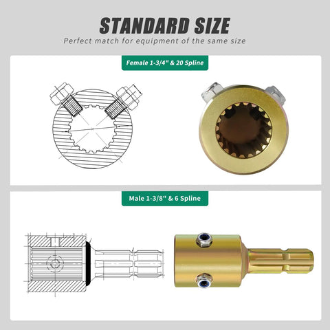 Heavy Duty Pto Extender Adapter For Tractor Shaft Extension Universal 1-3/4 To 1-3/8 Spline Female To Male Coupler detailed dimensions