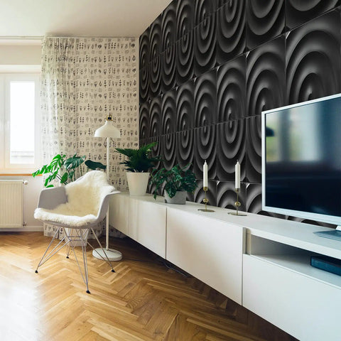 Black Semicircle 3D Wall Panels With Peel And Stick Tape For DIY Interior Wall Decor Pack Of 12 Tiles Covering 32.34 Sq Ft With Strong Adhesive Backing And Easy Install No Glue Needed