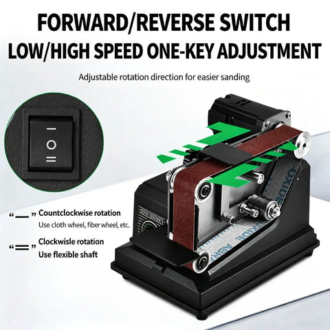 Forward/reverse switch and speed adjustment of Super Slick Mini Belt Sander Workhorse With Polishing And Carving Accessory Kit.