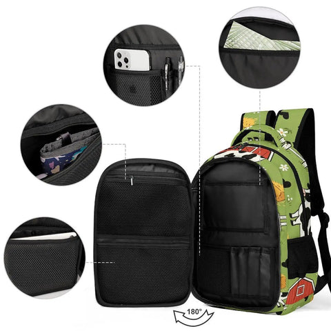 Interior view of Green Grass Farm Cartoon Printed Unisex Backpack with large capacity and multiple compartments.