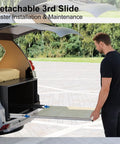 Man using detachable built tough industrial grade heavy duty drawer slide with lock for side mount in vehicle trunk