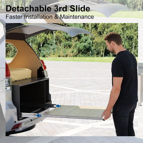 Man using detachable built tough industrial grade heavy duty drawer slide with lock for side mount in vehicle trunk