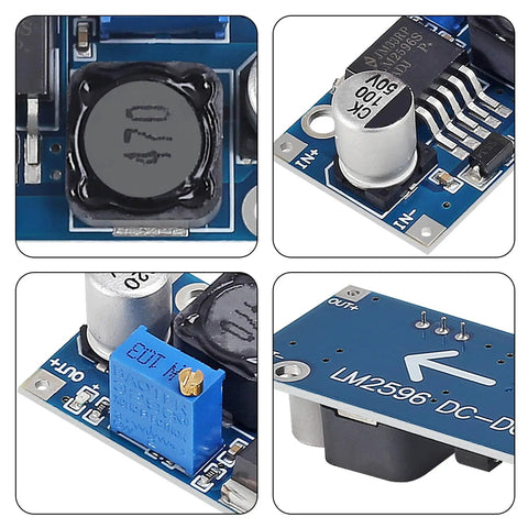 Close-up views of Five Pack Adjustable Buck Converter Module 3 To 40V In, 1.5 To 35V Out DC-DC Step Down Power Supply, Up To 3A.