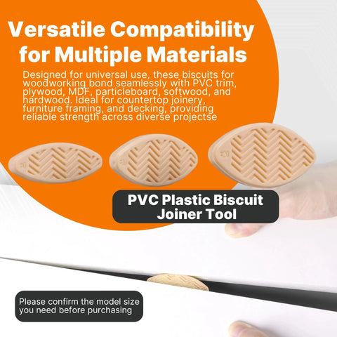 PVC Biscuit Joiner Connector Set 80 Piece Pack for PVC panels and wood bonding with versatile material compatibility display.