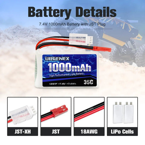 2S Lipo Battery 7.4V 1000mAh 35C Burst 70C For RC Cars With JST Plug Slim 54x30x16mm 51g Fits WLtoys A949