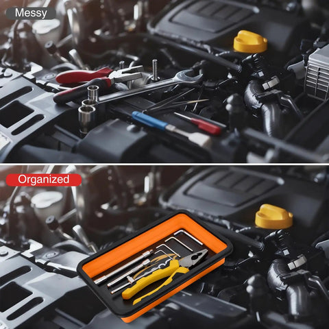 Engine with tools disorganized and then organized using Orange Silicone Collapsible Magnetic Parts Tray Set In Three Sizes.