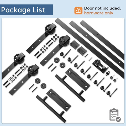 10 Foot Double Door Sliding VA Barn Door Hardware Track Kit With Handle Industrial Spoke Wheel Wall Mount Quiet Glide Easy Install Black Finish 108 Inch Track Fits 50 To 52 Inch Opening full hardware package display.