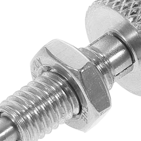 Premium Quality Two Piece Stainless Steel Indexing Plungers With Knurled Grip Handles Quick Release Easy Snap Retractable Spring Locking Pins For Toolbox And Tough As Nails Gear close-up of threaded plunger with knurled grip handle.