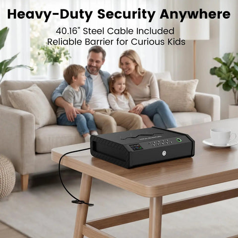 Handheld Biometric Gun Safe With Ergonomic Handle For Quick Access To Your Piece And Key Backup Secure Storage on a table with a family in the background.