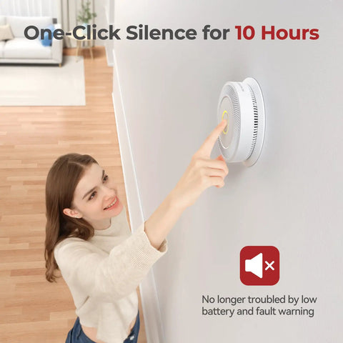Girl using one-click silence feature on Hardwired Smoke And Carbon Monoxide Alarm With Battery Backup Smart Dual Sensor Guard.