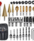 35 Piece Woodworking Chamfer Drill Set With Countersink Plug Cutters Step Bits Stop Collars Center Punch And Hex Keys displayed in a tool kit.