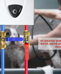 Two Pack One Half Inch Push Fit Full Port Brass Ball Valves For Hot And Cold Water With Disconnect Clip installed on tankless heater