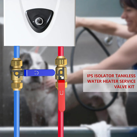 Two Pack One Half Inch Push Fit Full Port Brass Ball Valves For Hot And Cold Water With Disconnect Clip installed on tankless heater