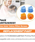 4 Pack AGM73269501 Washer Inlet Valve Filter Screen Upgrade For LG And Kenmore Washers Inlet Screen Replacement 1810261 AP5202486 PS3618281 EAP3618281 Washing Machine Filter To Block Gunk And Boost Water Flow image showing product packaging and filter screens in orange and blue