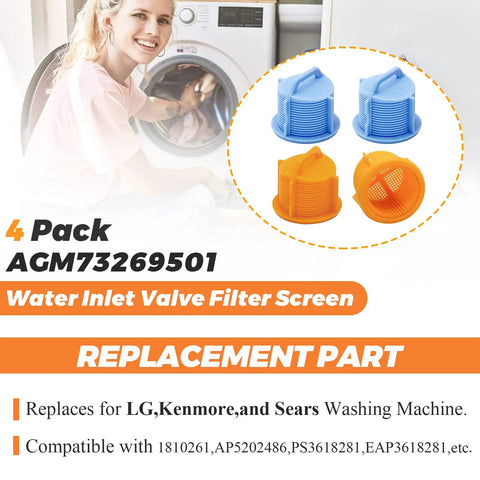 4 Pack AGM73269501 Washer Inlet Valve Filter Screen Upgrade For LG And Kenmore Washers Inlet Screen Replacement 1810261 AP5202486 PS3618281 EAP3618281 Washing Machine Filter To Block Gunk And Boost Water Flow image showing product packaging and filter screens in orange and blue