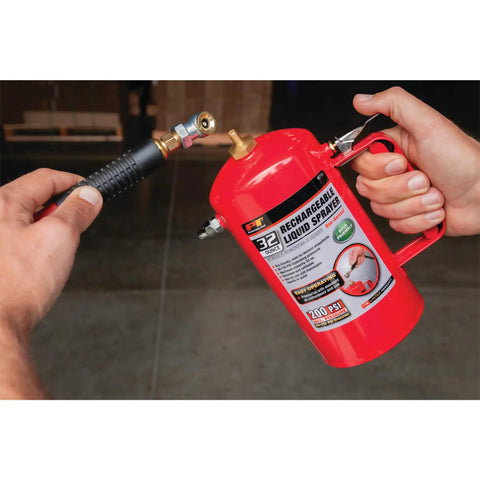 Eco-Friendly Non-Aerosol Reusable Liquid Sprayer Powered By Your Compressor, 80-150 PSI, red canister in hands