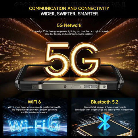 Kickass 5G Rugged Champ With Built-In Thermal Scanner And Sharp Night Vision Lens, Smooth 6.78 Inch FHD Plus Display Packing 24GB RAM And 256GB Vault, Android 14 Unlocked Powerhouse With Hefty 10600mAh Juice And Quick Wireless Charging, showcasing 5G network and connectivity features.
