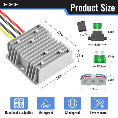 Top Shelf Heavy Duty Dc To Dc Converter 17 55V To 12V Step Down Voltage Reducer with aluminum housing and dimensions.