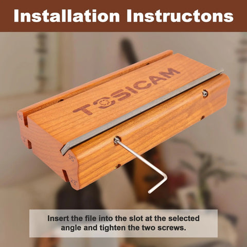 Angled front view of guitar fret end beveling file, 4-in-1 with 3/23/35/90° angles; wooden block luthier tool with hex key