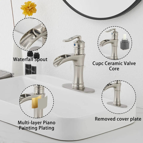 Waterfall Bathroom Faucet Brushed Nickel With Single Handle One Hole Deck Mount Vanity Tap Basin Mixer Includes Drain Assembly And Cover Plate For 1 Or 3 Hole Sinks Easy Install No Fuss