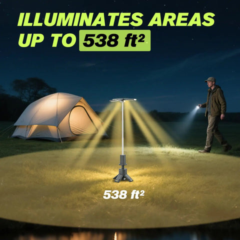 Beefy Portable Camping Light With 14000mAh Battery illuminating 538 sq ft campsite beside a tent
