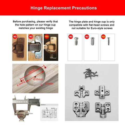 Hinge replacement instructions with diagrams and images of Badass 45 Degree Corner Cabinet Hinge Pack Of 8 With 35 Millimeter Mount.
