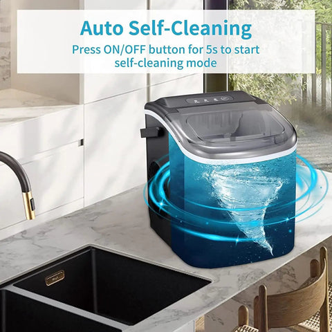 Portable Countertop Ice Maker Serving Solid Cubes In Six Minutes Flat Includes Built In Handle And Scoop Hella Quiet Self Cleaning on kitchen counter with self-cleaning feature.