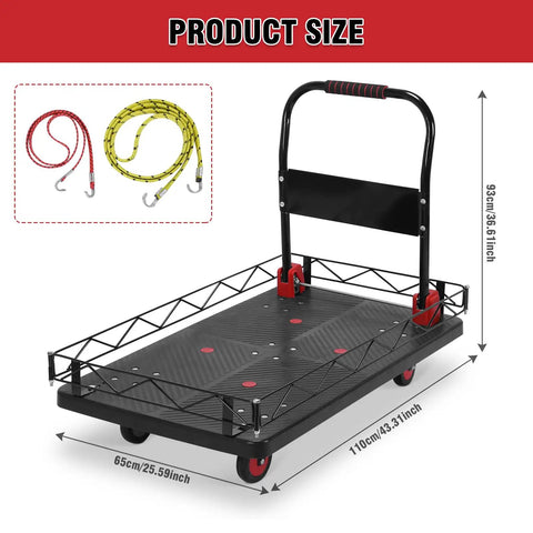 2-in-1 Folding Flatbed Cart With Removable Cage, Heavy Duty Platform Truck For Home And Workshop, Built To Haul Big Loads, Quick Switch To Flat Cart For Bulky Items, Durable PP And Steel Construction, 65 x 110 x 93 cm