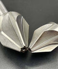 Close-up of two carbide chamfer end mills (60° V-bit), 16mm diameter, multi-flute CNC deburring tools
