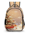 Christmas Snowman Sleigh Printed Backpack Dope Unisex Spacious And Durable Large Capacity Everyday Carry School Travel Bag With Breathable Polyester Fabric, front view with snowman and sleigh design