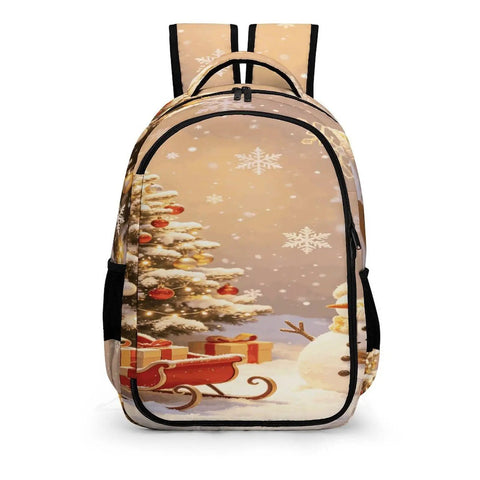 Christmas Snowman Sleigh Printed Backpack Dope Unisex Spacious And Durable Large Capacity Everyday Carry School Travel Bag With Breathable Polyester Fabric, front view with snowman and sleigh design