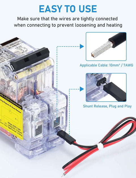 60A DC Circuit Breaker With Remote Control, showing cable connection for 12V-400V DC, 90-400V AC, with shunt release.